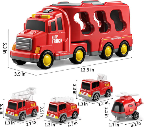 TEMI Fire Toys for 3-6 Years Old - 5 in 1 Carrier Truck Transport for Toddlers 1-3, Friction Power Vehicles