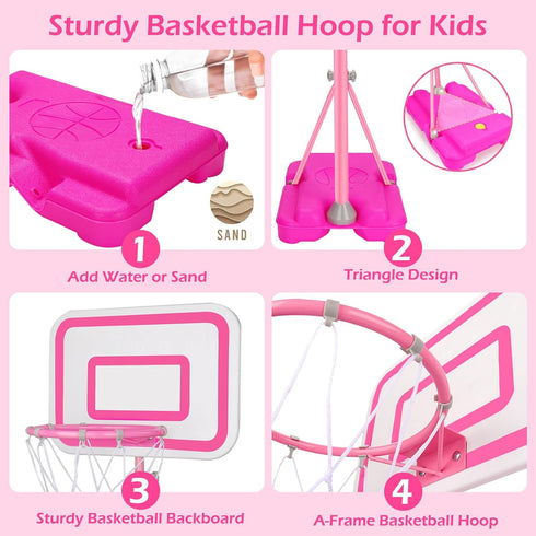 Pink Adjustable Basketball Hoop for Kids 2-6 Years, Portable Indoor/Outdoor Play