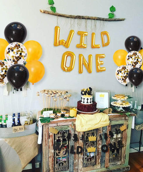 Wild One Birthday Decorations for Boys, Black and Gold Balloons, High Chair Banner, Cake Toppers, 1st Birthday Supplies