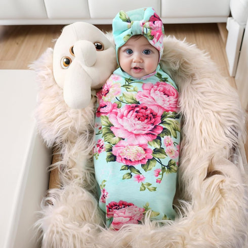 Galabloomer Flower Print Baby Swaddle Blankets Receiving Blanket Headband Set