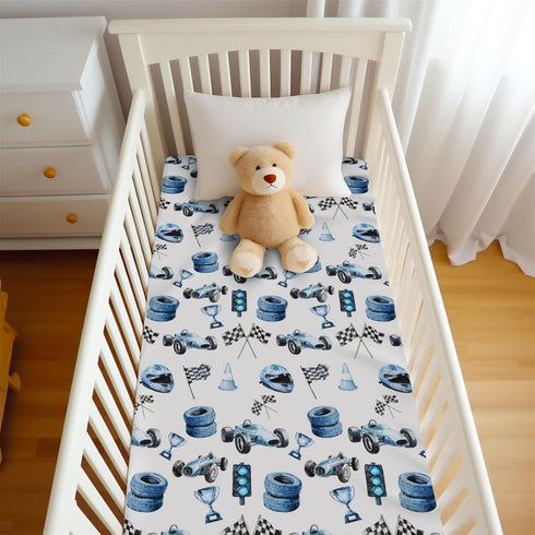 Wicbfdfv 28x52 Inch Cute Race Car Flag Baby Crib Sheets for Boy Girl Breathable Blue Races Vehicle Trophy Traffic Light