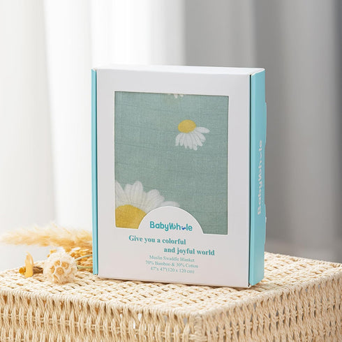 Set 47x47 inches, BabyWhale Muslin Swaddle Blanket with Hat and Headband Bow, Daisy Pattern Swaddle for Baby Boys