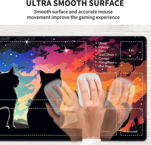 Qindaiwen MTG Playmat, 24x14 Inch Tabletop Game Mat, Premium Smooth Rubber, Mousepad Compatible, Three Cats