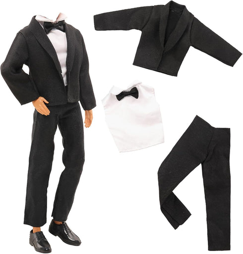 Miunana 10 Pcs Fashion Pack - 5 Sets Casual Wear Clothes Outfit with 5 Shoes for boy Doll (Black Suit + Casual Wear Clothes + Tracksuit + Swimwear) Random Style