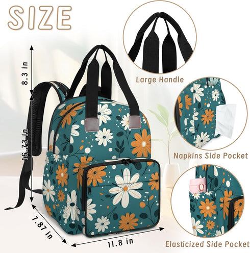 Shoblo Backpack Retro Daisy Flowers Diaper Bag for Travel, Waterproof Diaper Bag with Insulated Bottle Pockets & USB