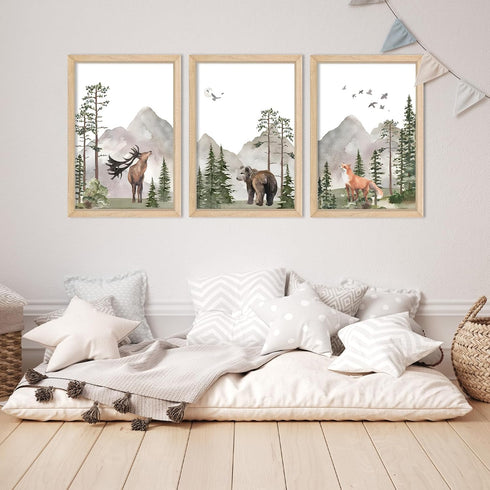 YWJKWLGS Set 3, 11x16 Inch Woodland Animal Nursery Wall Art of Natural Wood Framed Watercolor Deer Bear Fox Prints