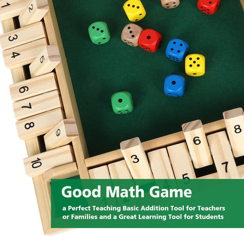 Shut The Box Dice Game - 12 inch Traditional Wooden Math Board Game with 8 Dice, 10 Numbers for 1-4 Players, Kids &
