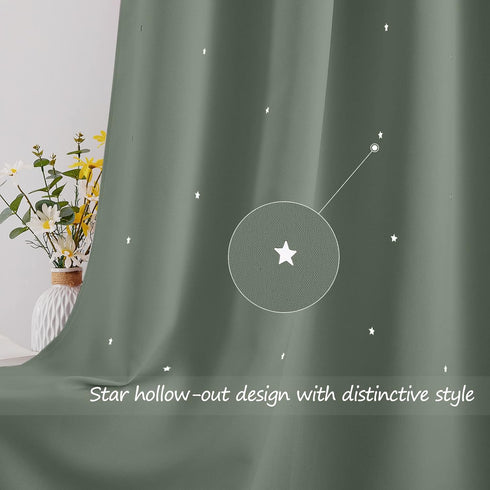Grommet 52" 63" 1 NICETOWN Sage Green Nursery Blackout Curtains with Star Hollow Out for Girls Bedroom, Kids Cutout