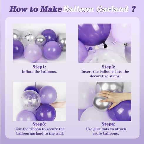 147pcs Purple Balloon Garland Arch Kit, Different Sizes with Dark Purple Light Purple Metallic Silver Confetti Lavender