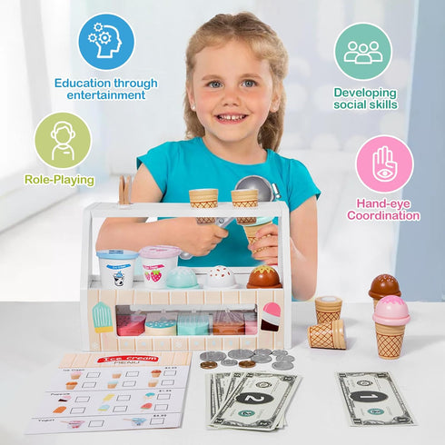 Set Counter 3+, Wooden Ice Cream Toy for Toddlers, Wooden Play Food Kitchen Accessories, Pretend Play Ice Cream Shop