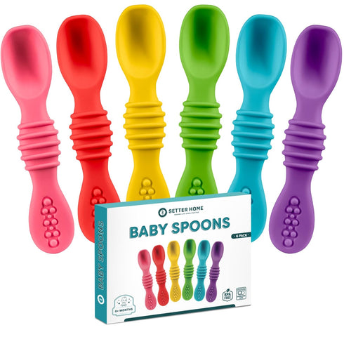 Premium Silicone Baby Spoons - 6 Pack, Self Feeding Training Utensils for Infants & Toddlers, Dishwasher Safe