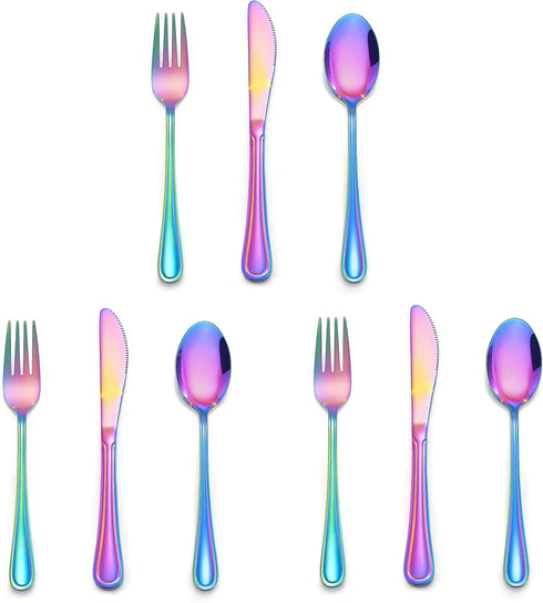 LIANYU 9-Piece Rainbow Kids Silverware Set, Stainless Steel Toddler Utensils, Knife Fork Spoon, Dishwasher Safe