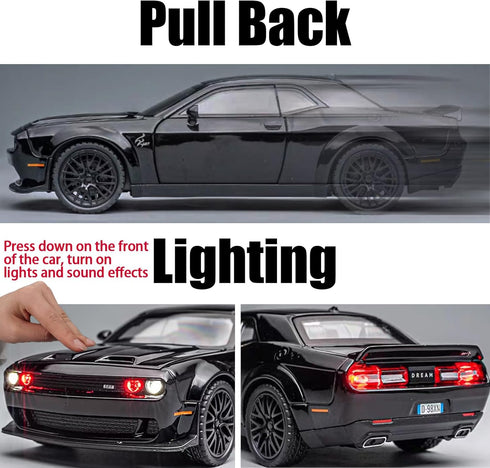 1/32 Dodge Challenger Hellcat Alloy Toy Car Model with Light and Sound, Pull Back Collectible Model Cars for Boys 3+