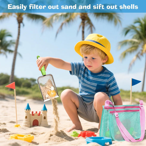 LIDAGO Set 3 3 Beach Toy Include Mesh Shovels and Beach Mesh Bags,Kids Sand Sifter Colorful Mesh Bag for Shells