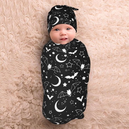 Halloween Baby Stuff Swaddle Blanket Hat Set, Soft Bat Moon Newborn Sleeping Sack Receiving Blanket Shower Gift