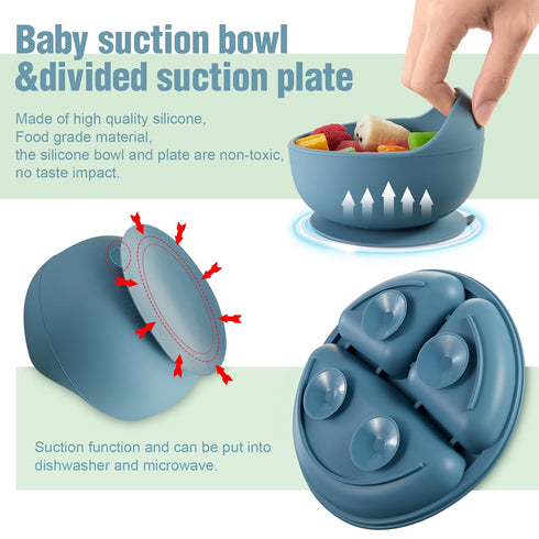 10 Pack Set, Set Silicone Baby Feeding Toddlers Led Weaning Feeding Supplies with Suction Baby Bowl Divided Plate