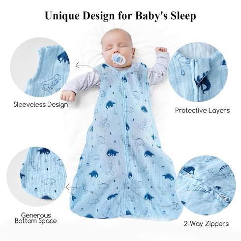 david's kids Muslin Cotton Baby Sleep Sack 6-12 Months, 2 Pack, 100% Cotton, TOG 0.5, Dinosaur, Soft Wearable Blankets