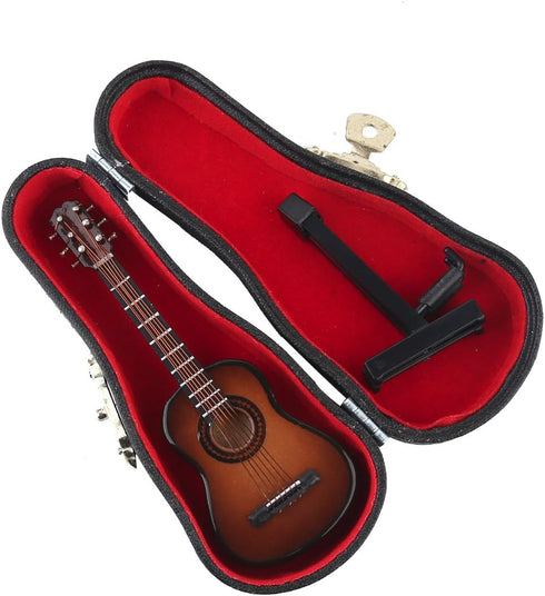 Dselvgvu Wooden Miniature Guitar with Stand, Brown Model for Dollhouse Decoration, 3.93"x1.42"x0.56"