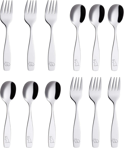 ANNOVA Children's Flatware Set: 12 Pieces Stainless Steel Silverware for Kids, Engraved Dinosaurs