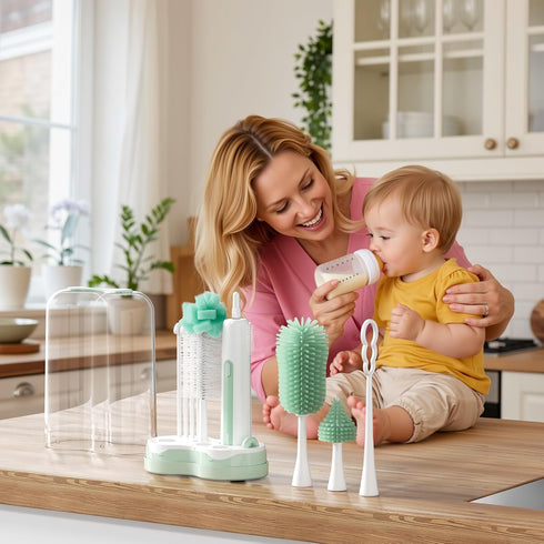 Momcozy Set 7-in-1 Electric Baby Bottle Brush with Drying Rack, Powered Bottle Cleaner & Formula Mixer, Portable