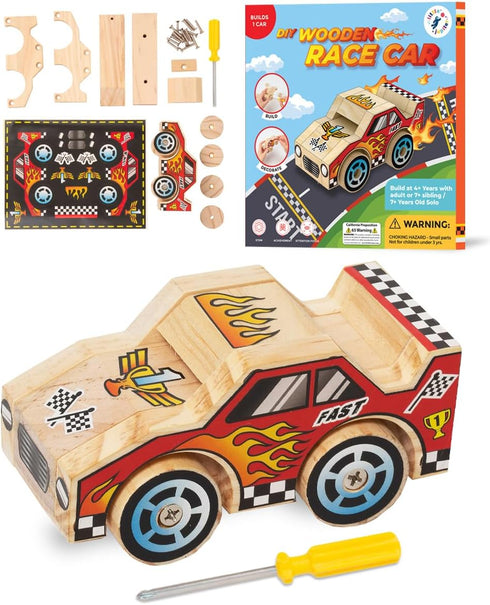 DIY Wooden Race Car with Stickers - Kids Building Kit, STEM Building Toys for Ages 4-7
