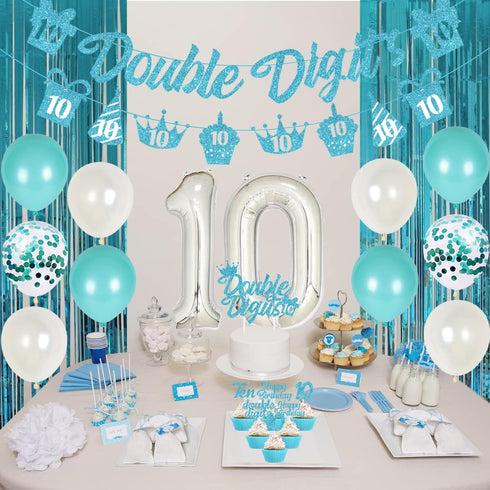 10th Birthday Decorations for Girls, Teal Blue Double Digits Party Supplies, Number 10 Foil Balloon