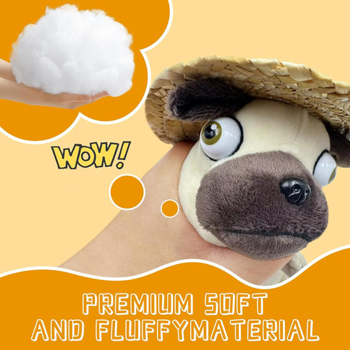 Hilarious Pug Stuffed Animal with Straw hat - 6" Funny Ugly Cute Pug Dog Plush Toy, Weirdo Stuffed Animal Pug Plushies for Kids Boys Adults Valentines Birthdays Gift