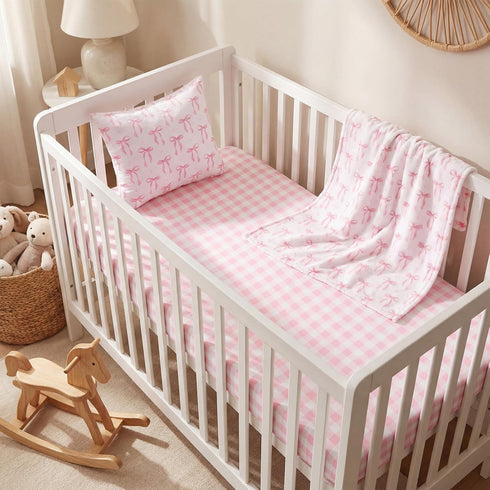 CrystalSylara 3 Set Piece Pink Bow Crib Bedding for Baby Girls - Soft Flannel Blanket Fitted Grid Crib Sheet Pillow