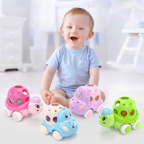 6-12 12-18 1 4 Pack 1-3 1yr 2yr Baby Car Toys for Months Year Old Girls- Rattle Push N Go Cars for Toddlers Years