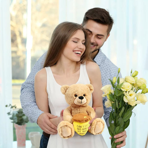 BenBen Valentines Day Teddy Bear, 12 Inch Funny Stuffed Animal Plush Toy with Honey Pot for Her