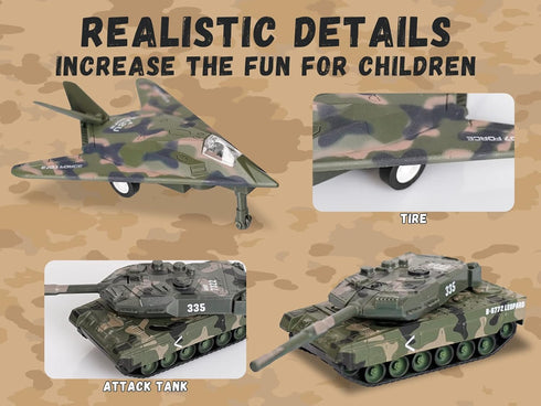 5 Pack Set, Playset 3+ Crelloci Die Cast Fighter Jet Tank Toy, Pull Back Army Toys Vehicle Camouflage Bomber Airplane