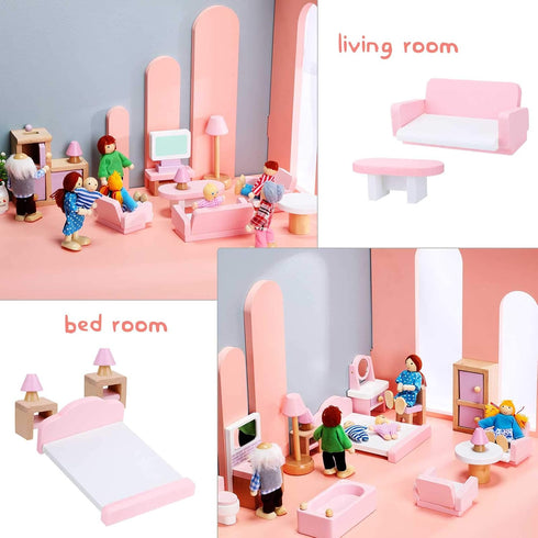 Sumind 30 Pcs Wooden Dollhouse Furniture Family Set - 8 Mini People Figures Dollhouse Accessories for Imaginative Play