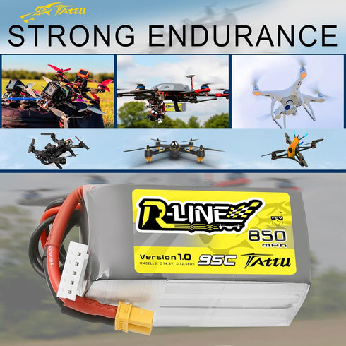 Tattu R-Line 850mAh 14.8V 95C 4S LiPo Battery Pack with XT30 Plug for Multirotor FPV, Size 100 to 180