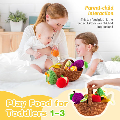 PHEZAPA 1-3, Set 6-12 1 Play Food for Toddler Plush Pretend Food with Sorting Fruit Basket, Baby Sensory Toys Months