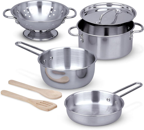 Melissa & Doug Stainless Steel Pots and Pans Set for Kids (8 pcs) - Pretend Play Kitchen Accessories for Ages 3+.