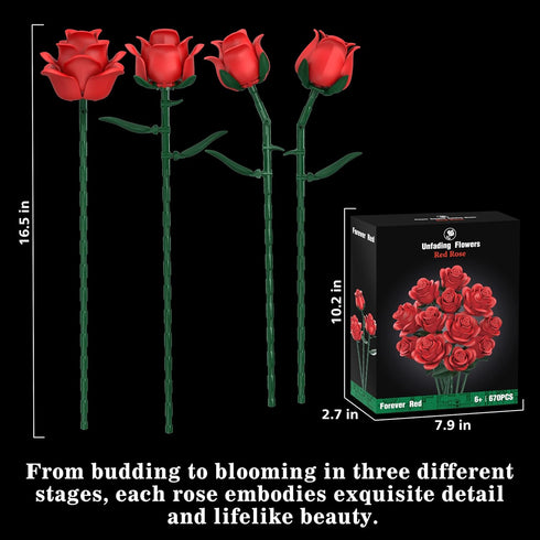 QIFUN Sets, 670Pcs Red Roses Flower Bouquet Building Artificial Flowers Building Blocks Compatible with Lego Flowers