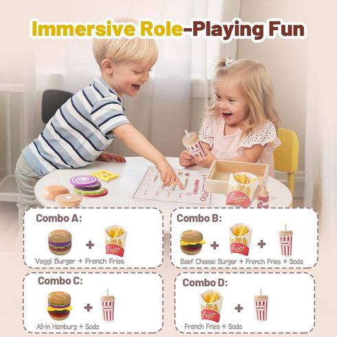 Set Wooden Play Food for Kids Pretend Hamburger Fast Food Toy Play Kitchen Accessories for Toddlers Toy Food Gift