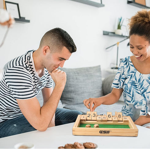 GSE Wooden Shut The Box Dice Game Board, 9 Numbers, 2 Wooden Dices, Classic Tabletop Version