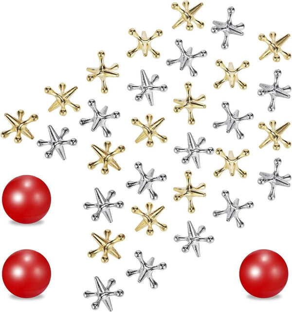 Legigo 3 Sets Retro Metal Jacks and Ball Game Toys Kit - Includes 3 Red Rubber Balls and 30 Gold and Silver Metal Jacks