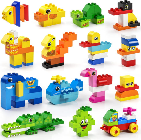 burgkidz Educational Toy Classic Big Size Bricks, Large Animal Building Blocks with Reusable Storage Bucket for Ages 3+