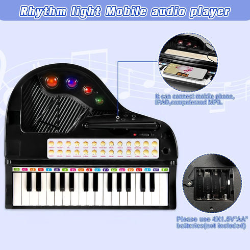 Love&Mini 31 Keys Kids Piano Keyboard Toys with Microphone and Stool, Black, for Kids Age 3+