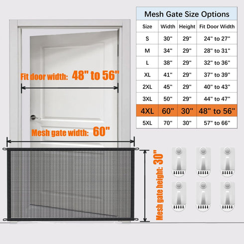 Dog Gate Indoor Pet Gates for Stairs: Dogs Screen Mesh Gate for Kitchen Doorways, Hallway, Stairways, 30 inch Tall, 60