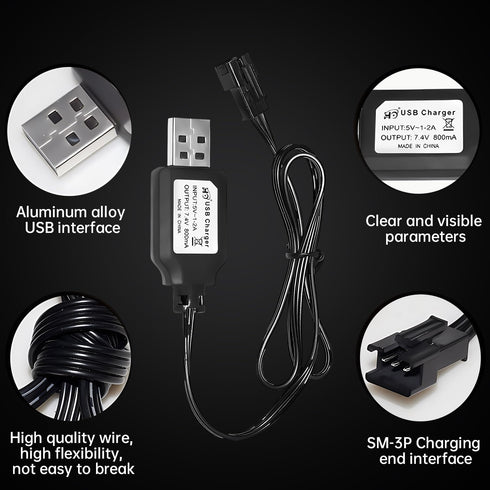 2PCS 7.4V 800mh USB Charging Cable with SM-3P Plug for RC Excavator, Truck, Tank, Huina 1575 RC Engineering Vehicle