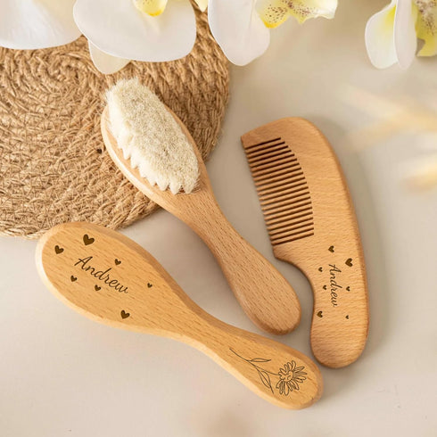 PLOVEGIFT Personalized Newborn Hairbrush And Comb Gift Set, Customizable Name And Pattern, Wooden