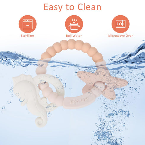Silicone Teething Ring Toy, Baby Teether with Rattles, BPA Free Sensory Chew Toys for 3-12 Months, Great Gift