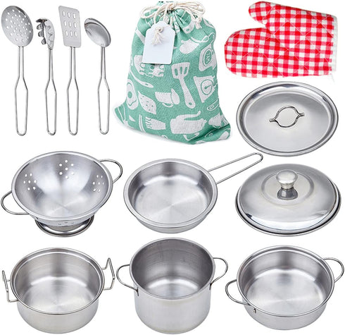 Play Pots and Pans Toys for Kids, Mini Stainless Steel Cooking Utensils Kitchen Playset for Toddlers, Ages 3 and up