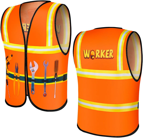 2 Pcs Kids Construction Vest, High Visibility Safety Costume for Children, Dress Up for Ages (Orange)
