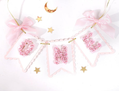 LINLULU 1st 1st Flower Birthday High Chair Banner - Pink and Gold One Birthday Banner, Princess Bday Decoration, Rose