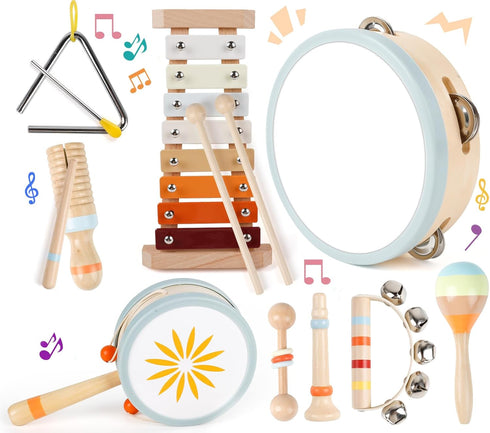 Wooden Toddler Musical Instruments Set, 9PCS Kids Montessori Toys, Baby Toys with