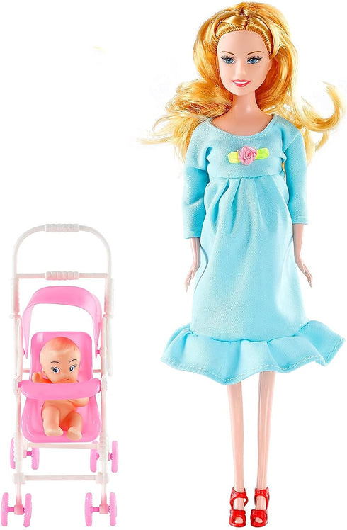 FunPa Pregnant Doll, Mom Doll with Baby Doll Trolley, Blue